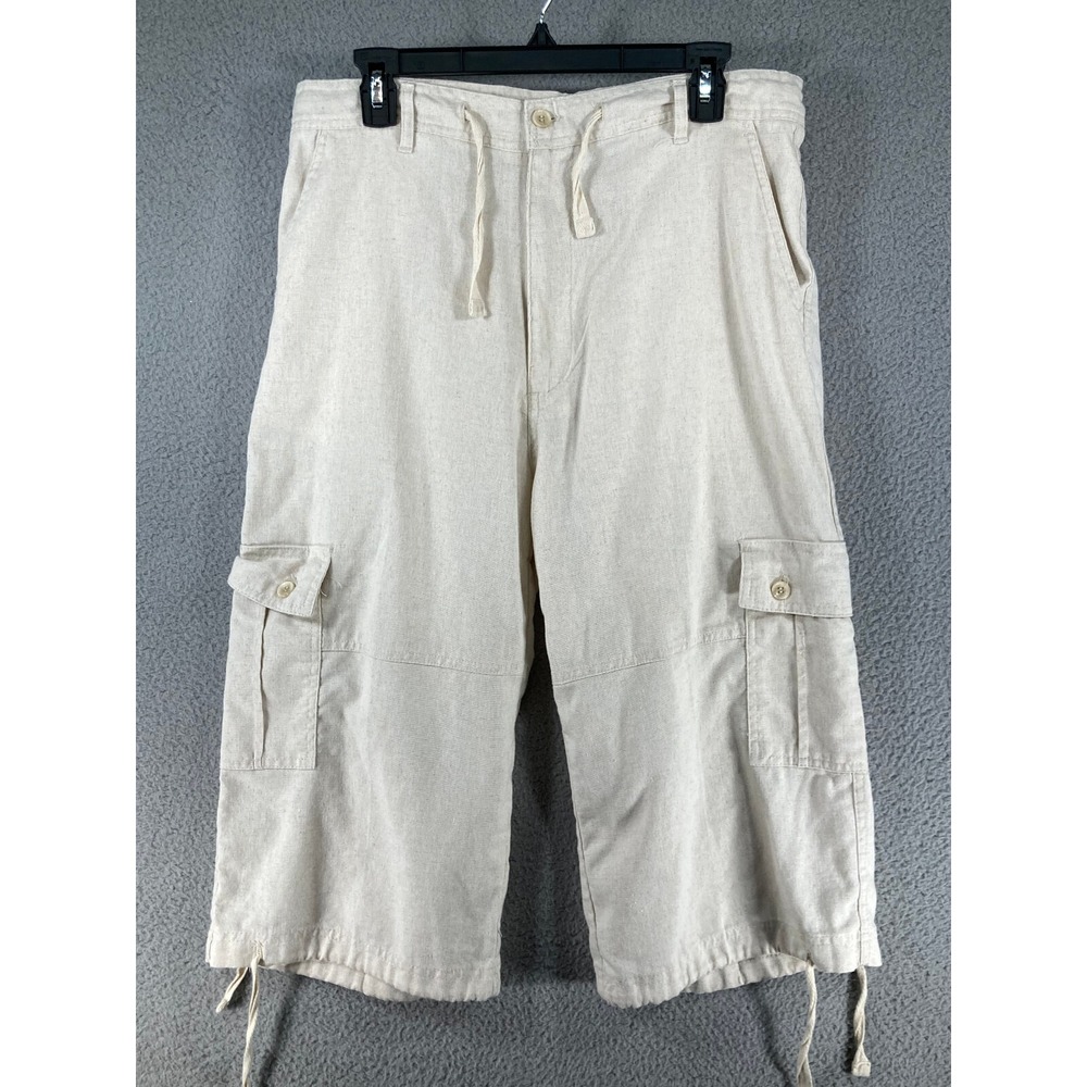 Trust Cargo Capri Pants Women W34 Cream Linen Blend Drawstring Utility Cropped